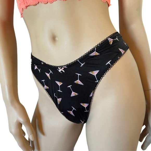 Victoria's Secret High-Leg Thong Panty Cocktail Martini Print Lacy Satin Bow Y2K - Picture 1 of 13